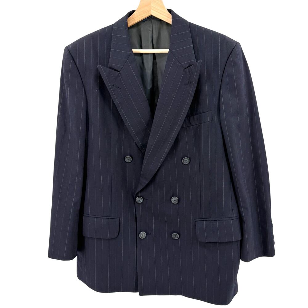 Vintage 90s Burberry Navy Blue 100% Wool Pinstripe Double Breasted Blazer